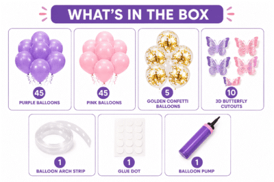 Butterfly birthday decoration kit contents including pink, purple, peach and white balloons, butterfly stickers, banner and accessories.