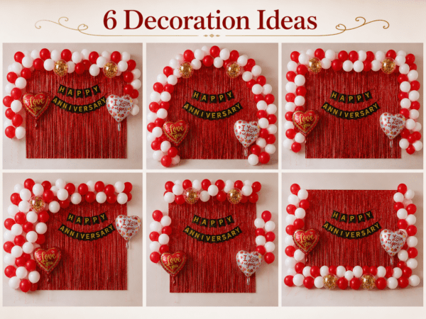 6 Red & White Happy Anniversary Decoration Ideas with Foil Curtain Backdrop Happy Anniversary Decoration Kit for Home with Red White Balloons, Black Gold Banner, Love You & Heart Foil Balloons