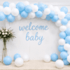 Welcome Baby Blue & White Balloon Decoration Setup Blue and white welcome baby balloon decoration with balloon arch, cursive welcome baby banner and flower stand for baby shower or newborn welcome party.