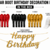 Car Boot Birthday Decoration Kit for Boys – What's in the Box | Red Black Gold Balloon Set with Glue Dots Car boot birthday decoration kit contents with 5 red, 5 black, 5 gold balloons, gold Happy Birthday banner and glue dots for boys birthday surprise decoration.
