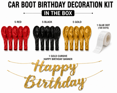 Car boot birthday decoration kit contents with 5 red, 5 black, 5 gold balloons, gold Happy Birthday banner and glue dots for boys birthday surprise decoration.