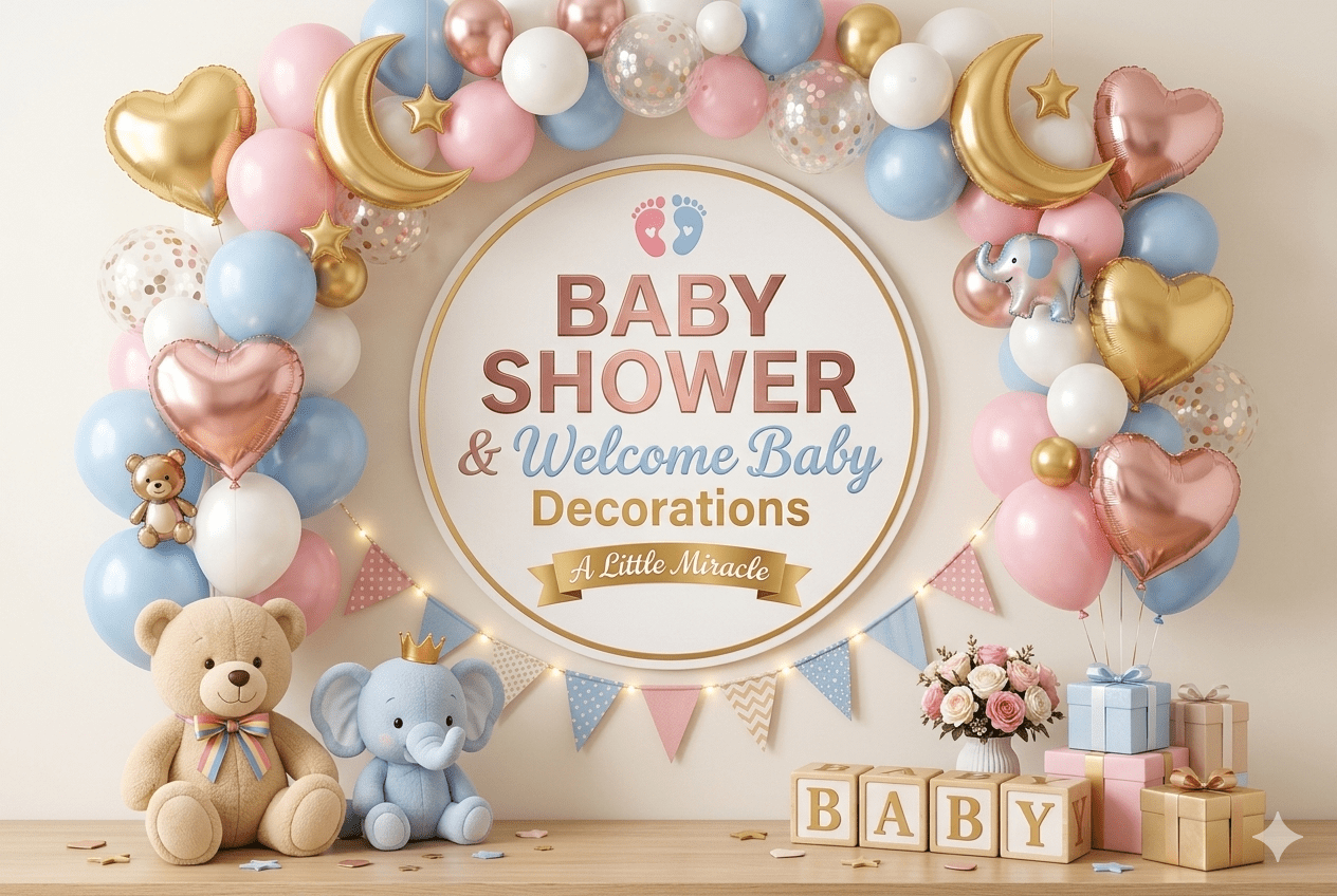 Baby shower and welcome baby decoration items for home with pastel balloons, welcome baby banner, baby foil balloons and party decor kit
