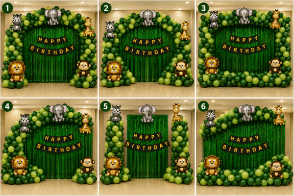 6 jungle safari birthday decoration ideas with green balloon arch, animal foil balloons and Happy Birthday banner for kids party setup Safari theme birthday decoration ideas with green balloon arch, animal foil balloons, green fringe curtain and happy birthday banner.