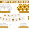 White and Gold Birthday Decoration Kit White and gold happy birthday decoration kit with metallic balloons, birthday banner, white ribbon roll and double sided tape.