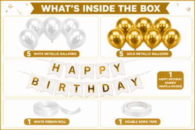 White and gold happy birthday decoration kit with metallic balloons, birthday banner, white ribbon roll and double sided tape.