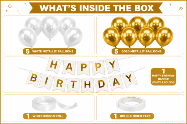 White and Gold Birthday Decoration Kit White and gold happy birthday decoration kit with metallic balloons, birthday banner, white ribbon roll and double sided tape.