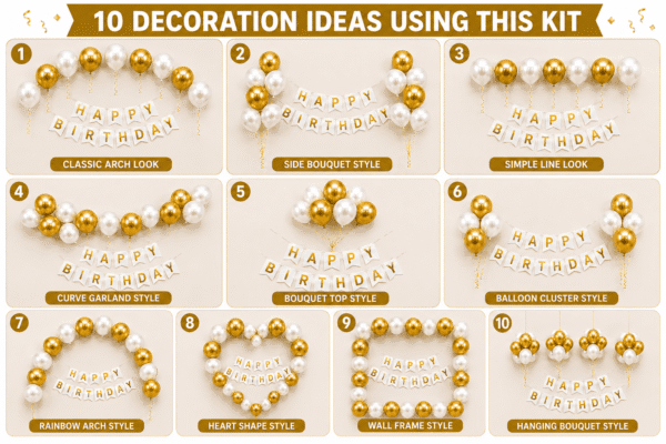 10 White and Gold Birthday Decoration Ideas White and gold birthday decoration ideas with metallic balloons, happy birthday banner and elegant party setup designs.