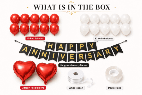 Happy Anniversary Decoration Kit – What Is In The Box What is in the box image showing 10 red balloons, 10 white balloons, black and gold Happy Anniversary banner, 2 heart foil balloons, white ribbon and double tape.