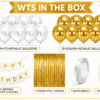 White and Gold Birthday Decoration Kit with Foil Curtain White and gold birthday decoration kit with metallic balloons, golden foil curtain, happy birthday banner, white ribbon and double sided tape.