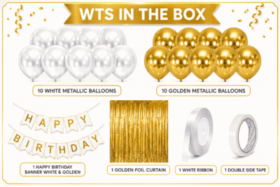 White and gold birthday decoration kit with metallic balloons, golden foil curtain, happy birthday banner, white ribbon and double sided tape.