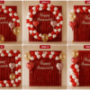 6 Happy Anniversary Decoration Ideas with Red White Heart Balloons and Red Foil Curtain 6 happy anniversary decoration ideas using red and white heart balloons, red foil curtain backdrop, silver Happy Anniversary banner, Love You foil balloons and golden confetti balloons for romantic anniversary decoration.