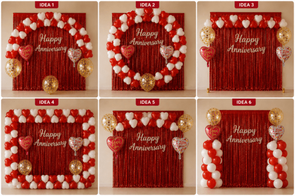6 Happy Anniversary Decoration Ideas with Red White Heart Balloons and Red Foil Curtain 6 happy anniversary decoration ideas using red and white heart balloons, red foil curtain backdrop, silver Happy Anniversary banner, Love You foil balloons and golden confetti balloons for romantic anniversary decoration.