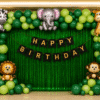 Safari Theme Birthday Decoration Safari theme birthday decoration with green balloon arch, animal foil balloons, green fringe curtain and happy birthday banner.