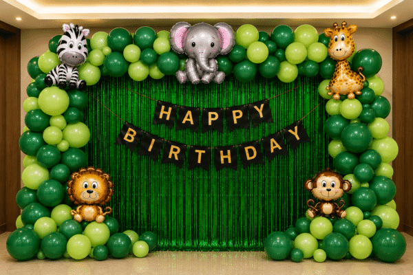 Safari Theme Birthday Decoration Safari theme birthday decoration with green balloon arch, animal foil balloons, green fringe curtain and happy birthday banner.