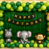 Jungle Theme Birthday Decoration with Animal Foil Balloons Jungle theme birthday decoration with green balloon arch, animal foil balloons, green foil curtain and happy birthday banner.