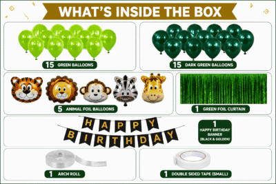 Jungle safari birthday decoration kit with green balloons, animal foil balloons, birthday banner, green foil curtain, arch roll and double sided tape.