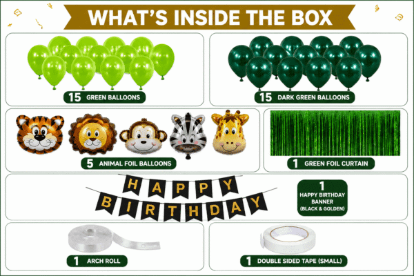 Jungle Safari Birthday Decoration Kit Jungle safari birthday decoration kit with green balloons, animal foil balloons, birthday banner, green foil curtain, arch roll and double sided tape.