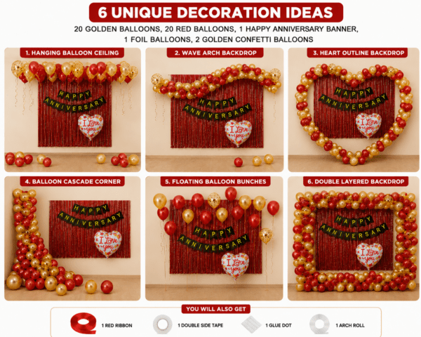 6 Unique Happy Anniversary Decoration Ideas with Red & Gold Balloons 6 unique happy anniversary decoration ideas using red and golden balloons, black and gold anniversary banner, red foil curtain backdrop, golden confetti balloons and white floral I Love You heart foil balloon.