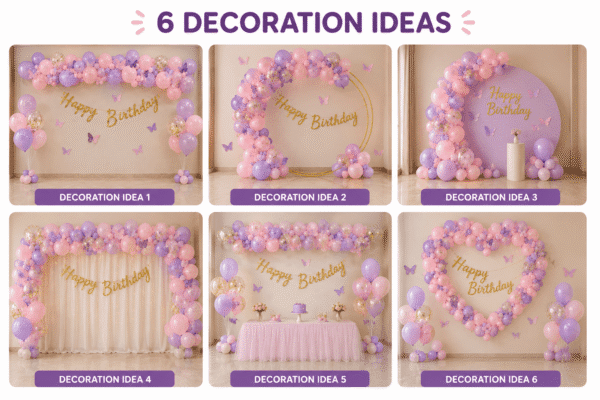 6 Butterfly Birthday Decoration Ideas Six butterfly birthday decoration ideas using pink, purple, peach and white balloons with Happy Birthday banner.