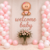 Pink White Welcome Baby Decoration With Baby Foil Balloon Welcome baby girl decoration with pink and white balloon columns, baby girl foil balloon, welcome baby sign and floral backdrop setup.