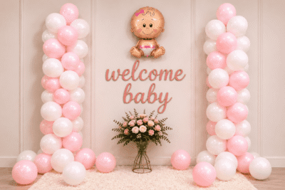 Pink White Welcome Baby Decoration With Baby Foil Balloon Welcome baby girl decoration with pink and white balloon columns, baby girl foil balloon, welcome baby sign and floral backdrop setup.