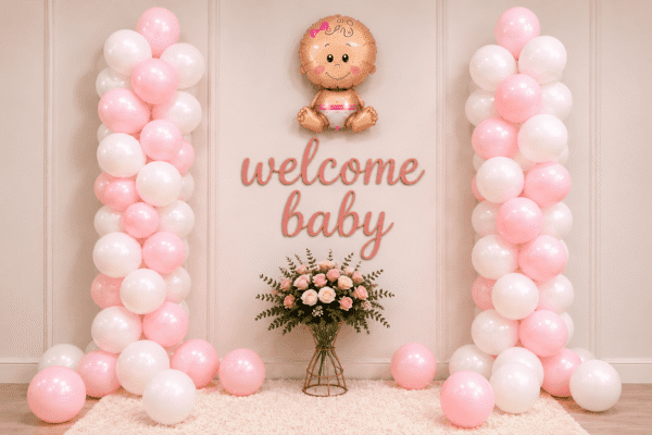 Pink White Welcome Baby Decoration With Baby Foil Balloon Welcome baby girl decoration with pink and white balloon columns, baby girl foil balloon, welcome baby sign and floral backdrop setup.
