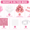 Pink Rose Gold Birthday Decoration Kit Contents with Balloons, Foil Curtain, Banner, Arch Roll and Glue Dots