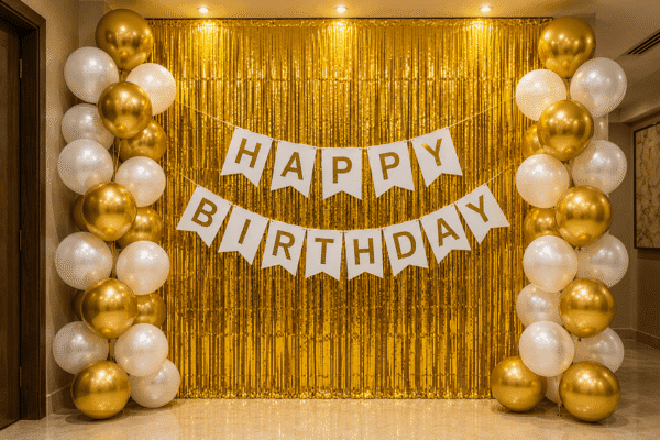 White and Gold Birthday Decoration with Foil Curtain White and gold birthday decoration with metallic balloons, gold foil curtain backdrop and happy birthday banner for elegant party setup.