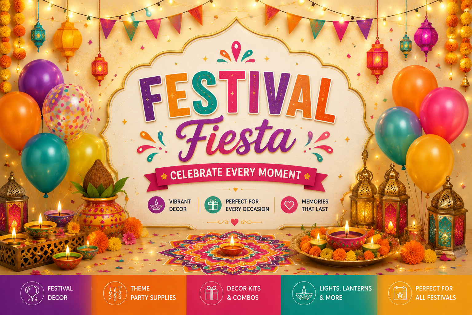 Festival decoration items for home with LED candles, decorative candles, lighting, balloons, banners and party decor kits