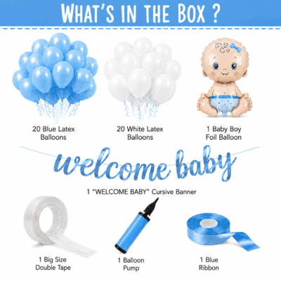 Welcome baby boy decoration kit with blue and white balloons, baby boy foil balloon, Welcome Baby banner, ribbon, tape and balloon pump