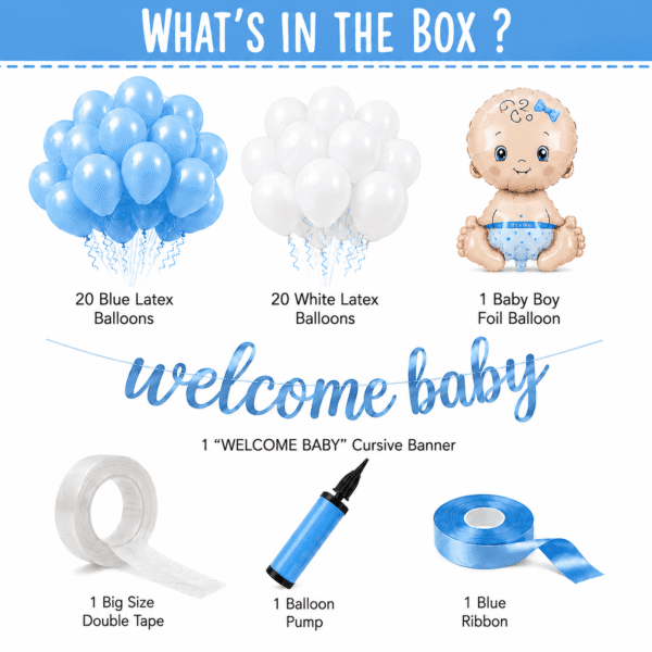 welcome boy wts in the box Welcome baby boy decoration kit with blue and white balloons, baby boy foil balloon, Welcome Baby banner, ribbon, tape and balloon pump