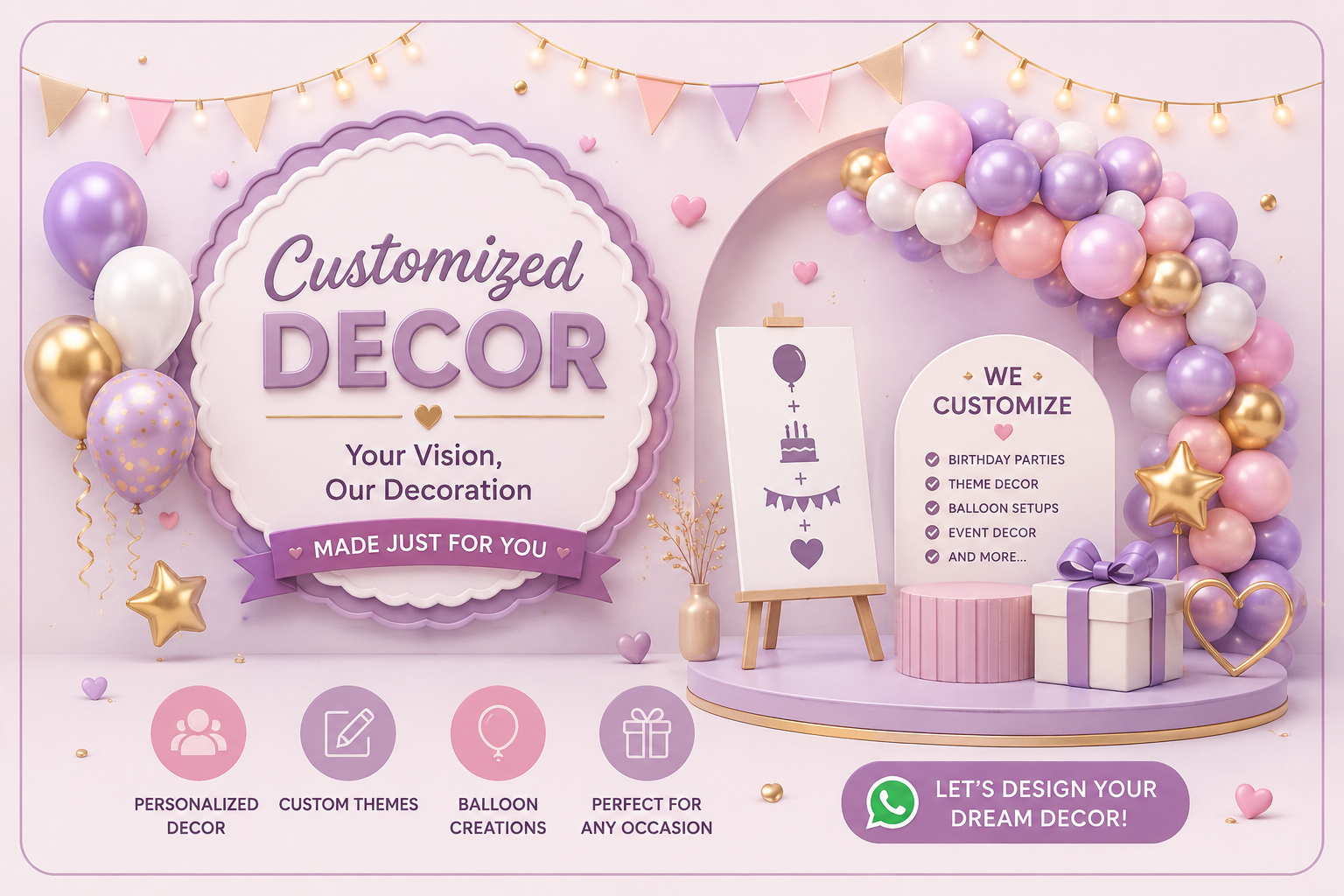 Customized birthday decoration category banner with pastel balloons, theme party setup and personalized birthday decor